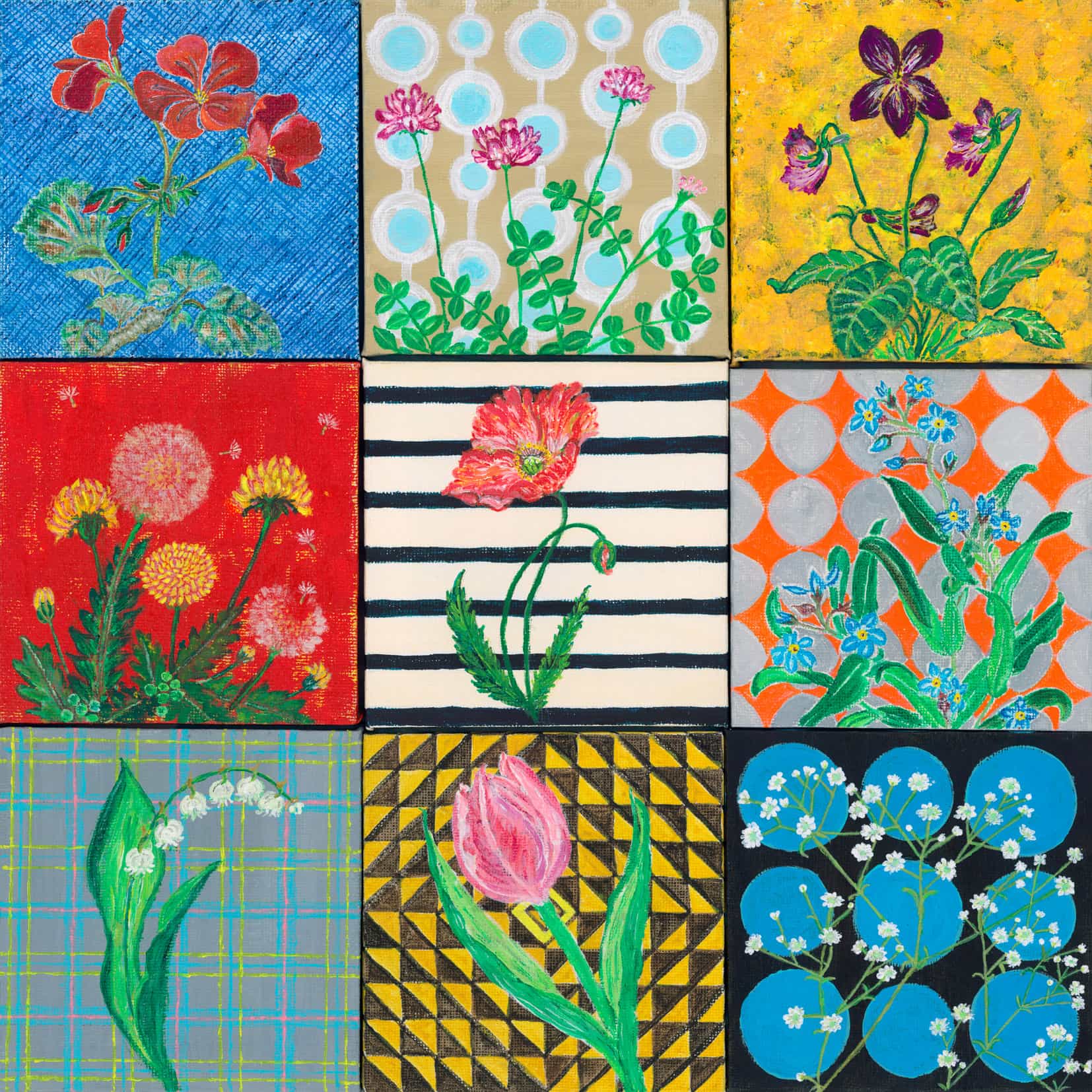 ゼラニウム、レンゲ、スミレ、タンポポ、ヒナゲシ、ワスレナグサ、スズラン、チューリップ、カスミソウ